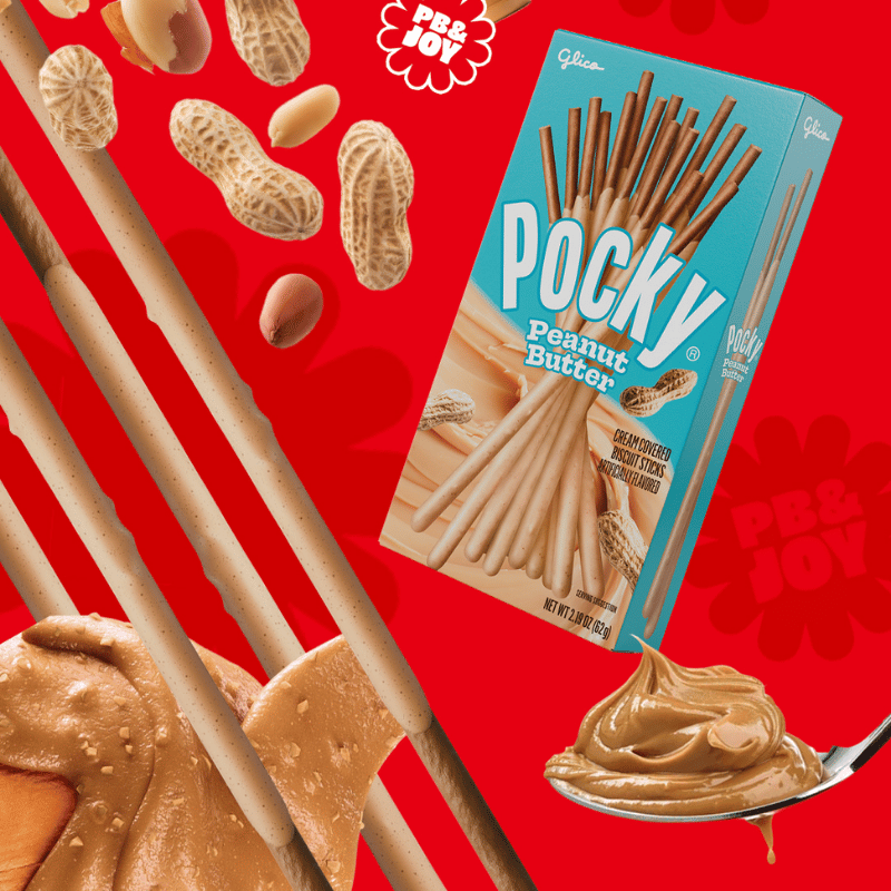 Pocky Peanut Butter packaging, sticks, and peanut butter in red background